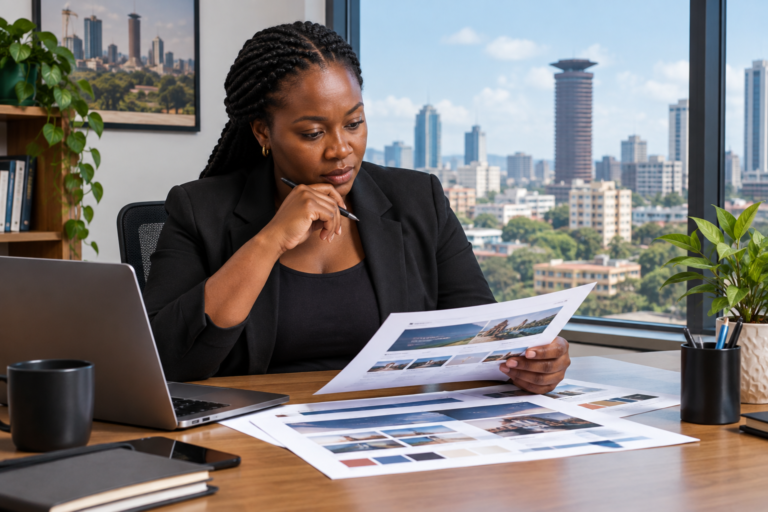 Kenyan business owner reviewing website design proposals with Nairobi cityscape in background.